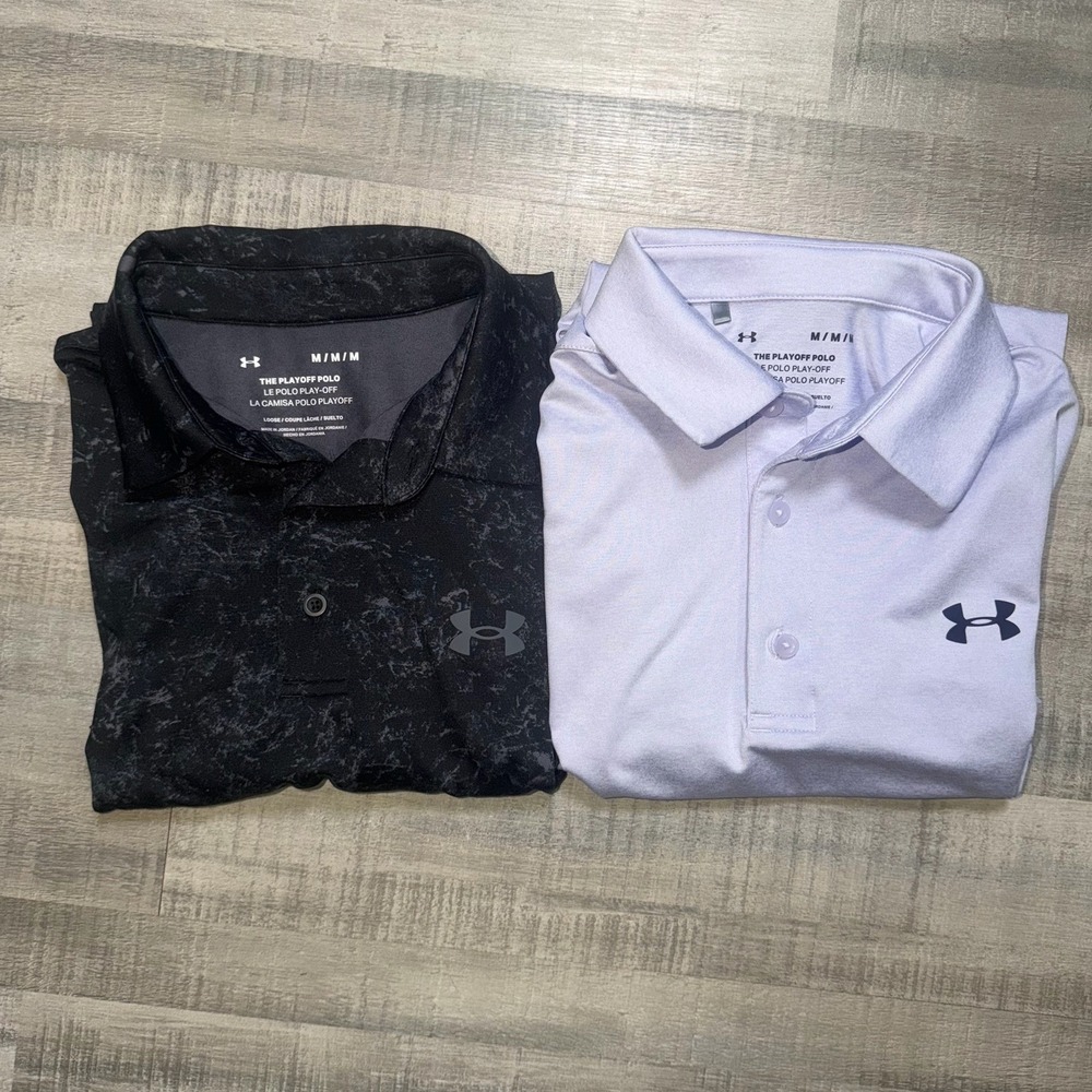 Under Armour Polo Shirt Mens Medium Golf All Over Print Playoff Printed Lot Of 2